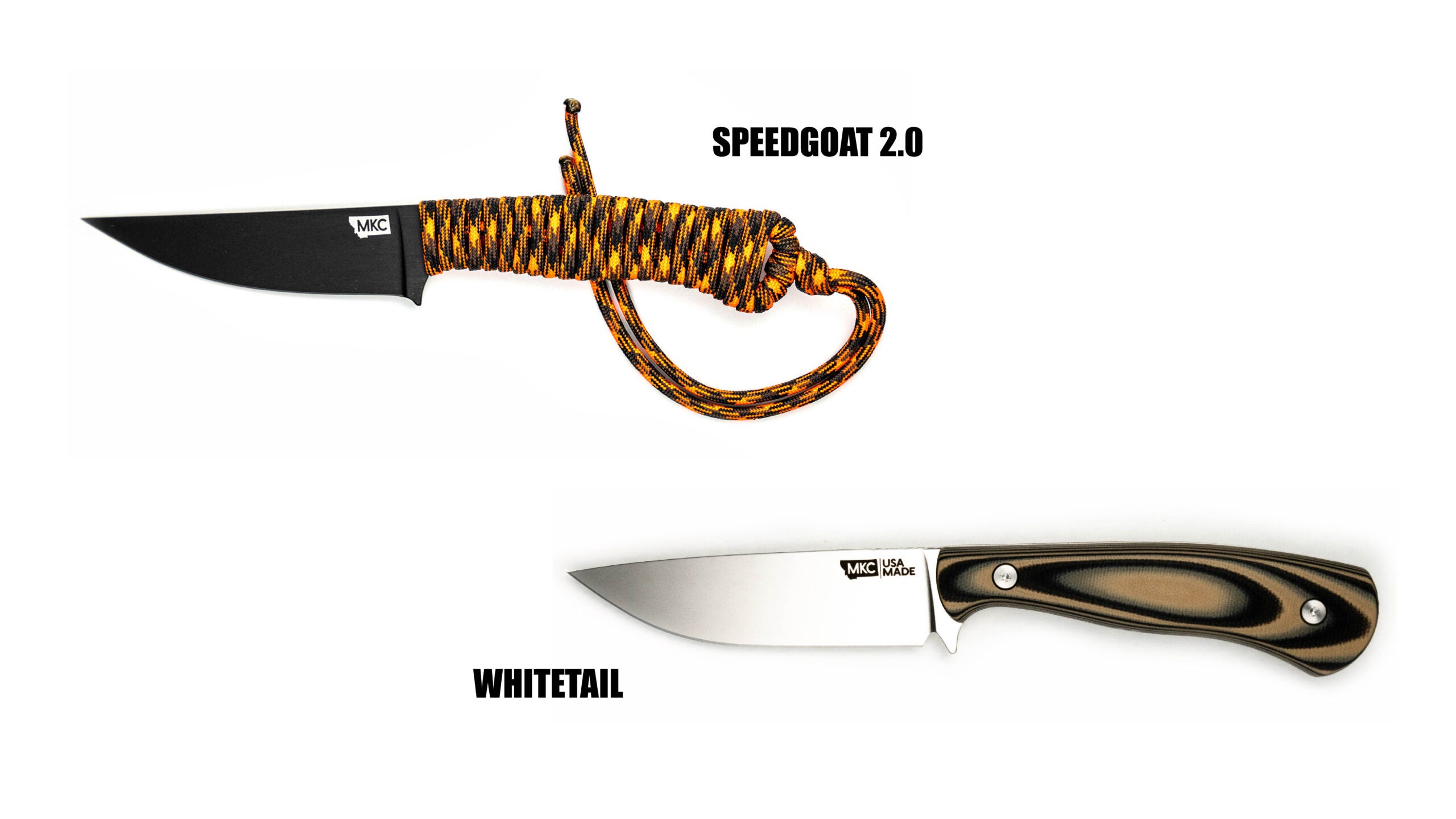 The two newest knives from the MKC collection—the Speedgoat 2.0 and the Whitetail.