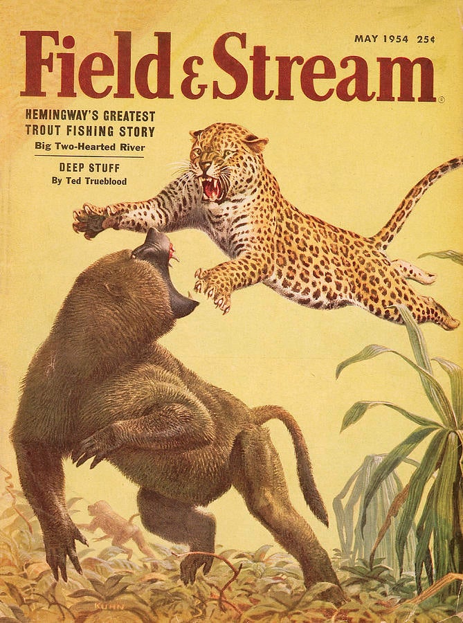 Magazine cover art of a leopard chasing a baboon. 