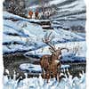 Illustration of a whitetail buck standing near a river in a snowstorm with hunters in background