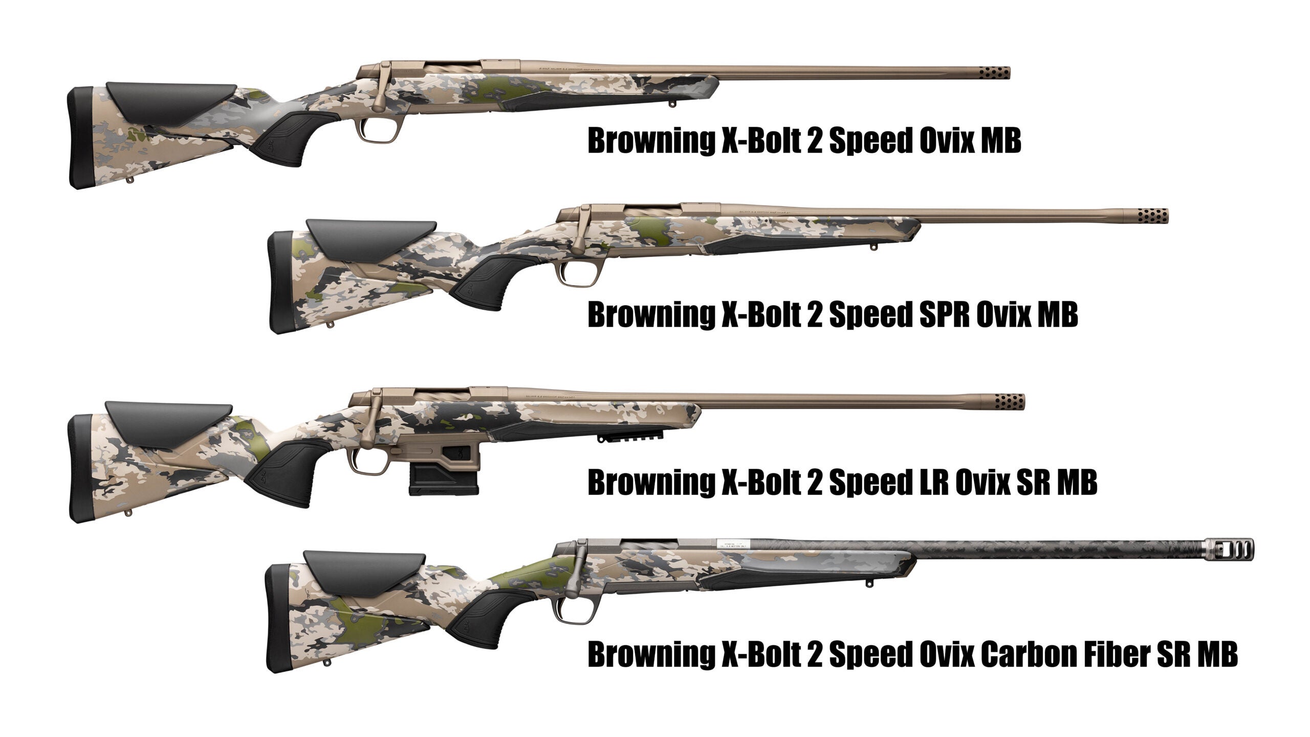 Four versions of the new Browning X-Bolt 2 Speed Ovix rifle on white background
