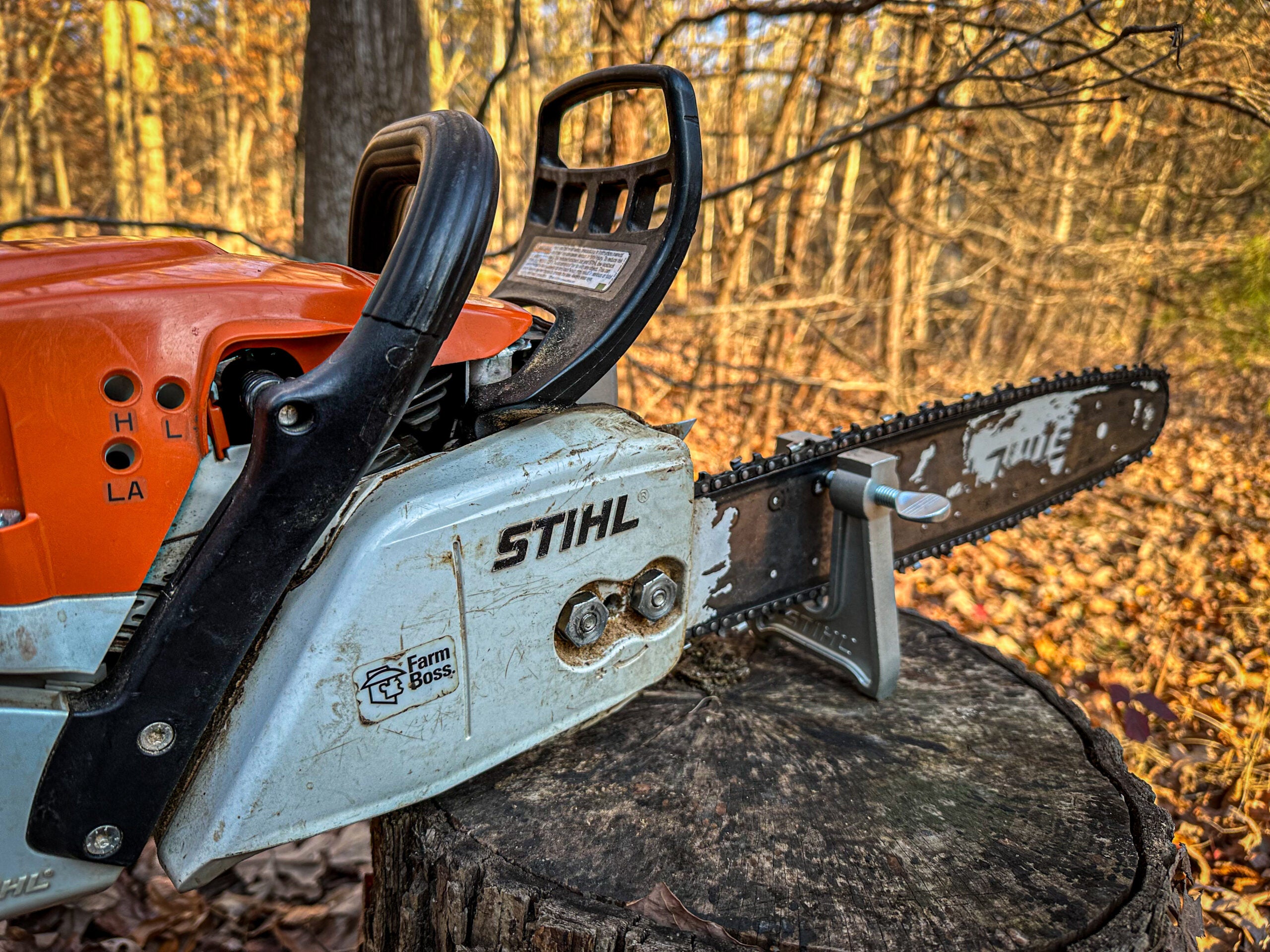 A Stihl chainsaw sits on a treestump