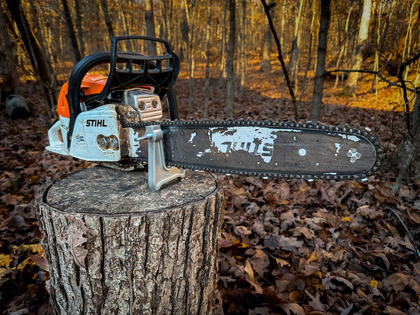 A chainsaw rests on a treestump in a forest with leaves on the ground.