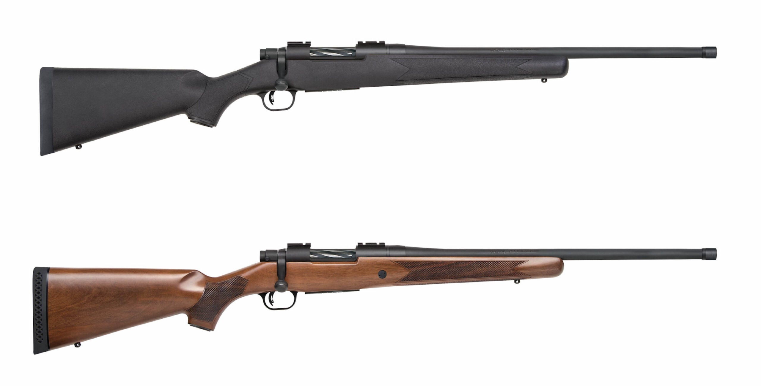 Two versions of the new Mossberg Patriot 400 Legend rifle on white background