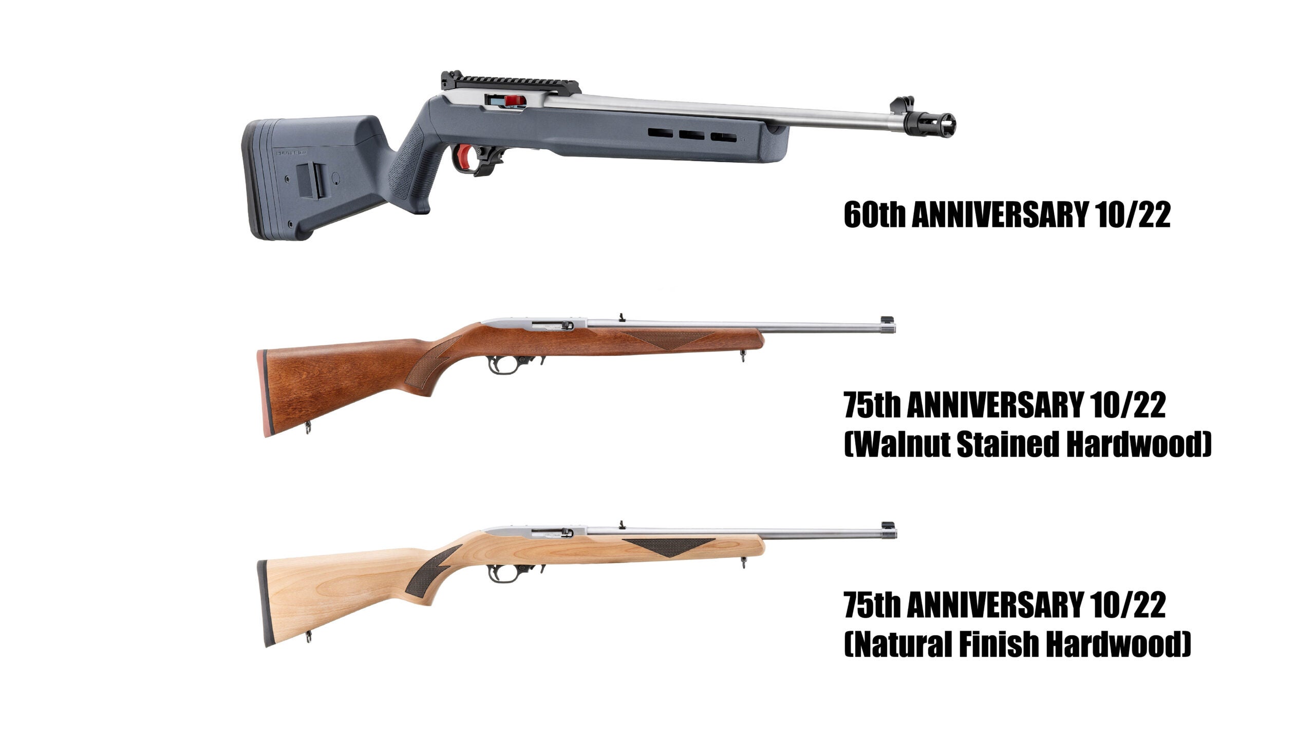 Three Ruger Anniversary 10/22 rifles on a white background