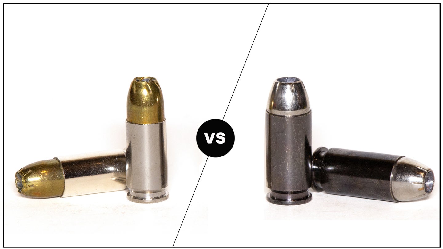 9mm cartridge left and 40 S&W cartridge right on white background