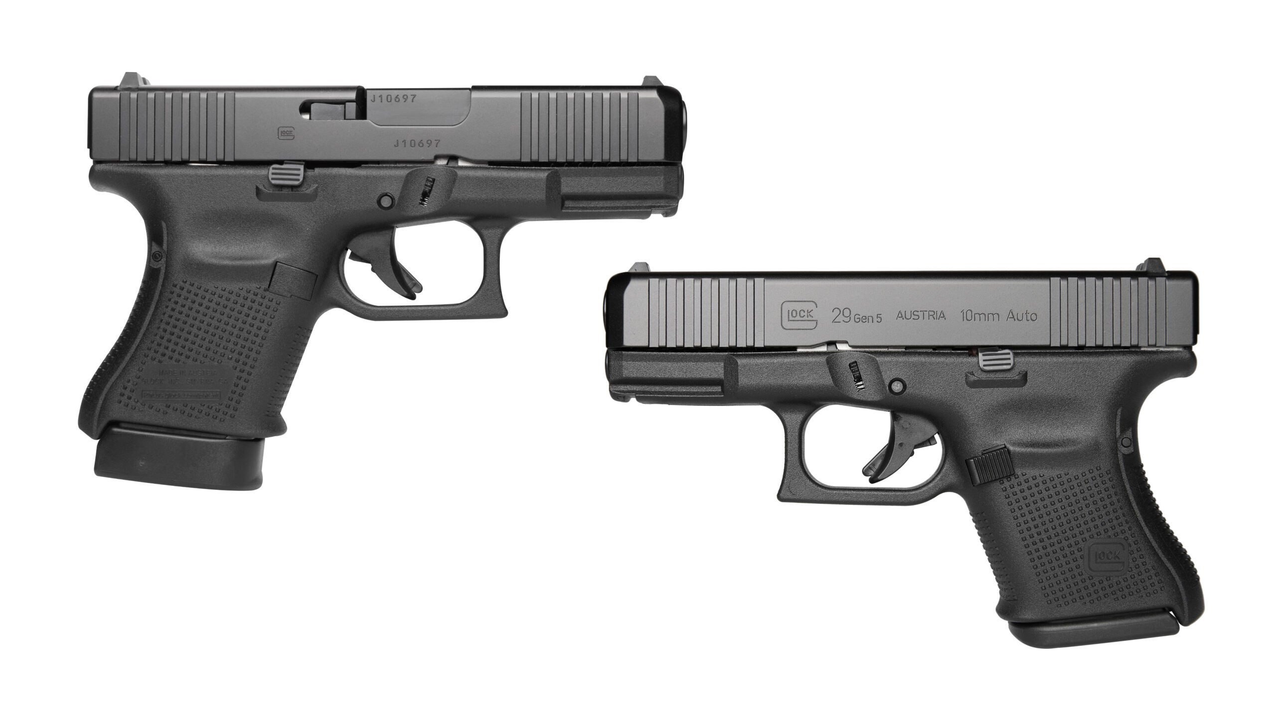 Glock G29 & G30 pistols on a white background