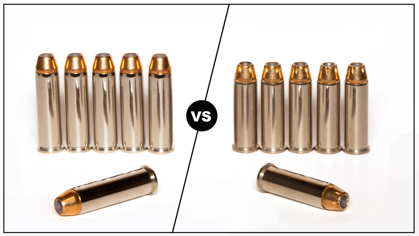 357 Magnum cartridge on the left and 38 Special cartridges on right on a white background