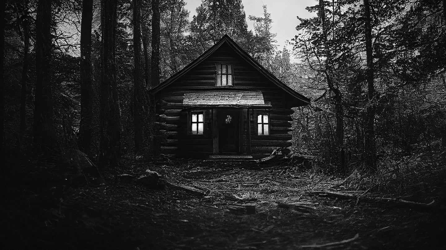 A cabin in the woods at twilight with soft light shining through the windows