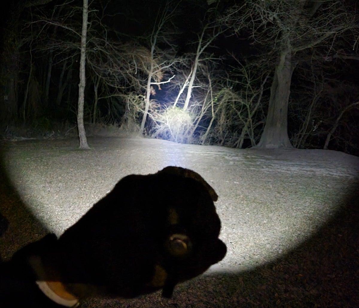 Light beam from Olight Warrior X 3 Flashlight at night