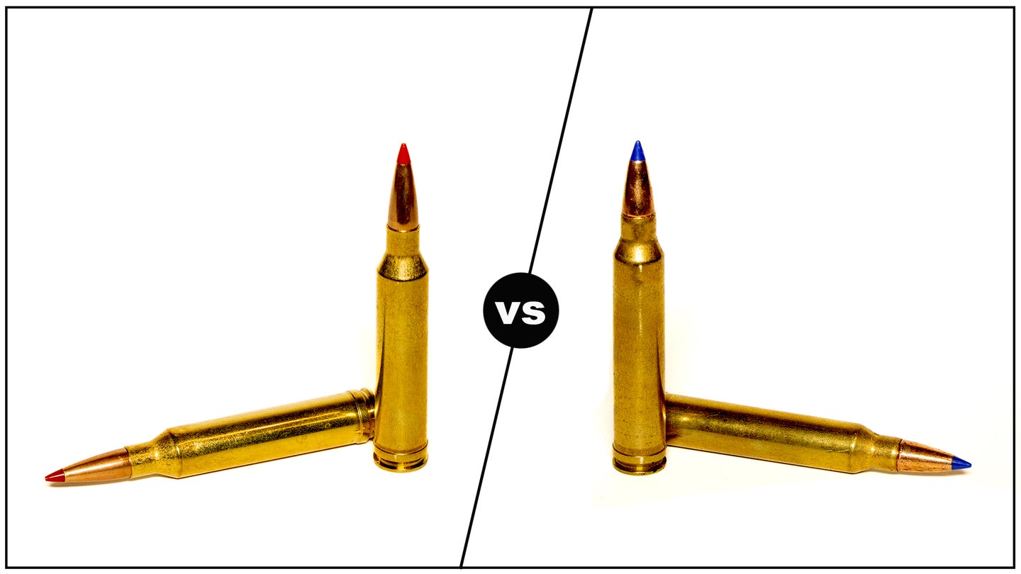 7mm Rem Mag cartridge on left and 300 Win Mag on right, with vs symbol in middle