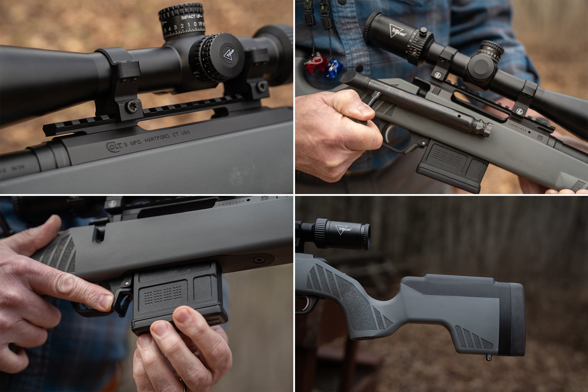 Close-up images of the Colt CBX TAC Hunter's rail, bolt, magazine, and buttstock
