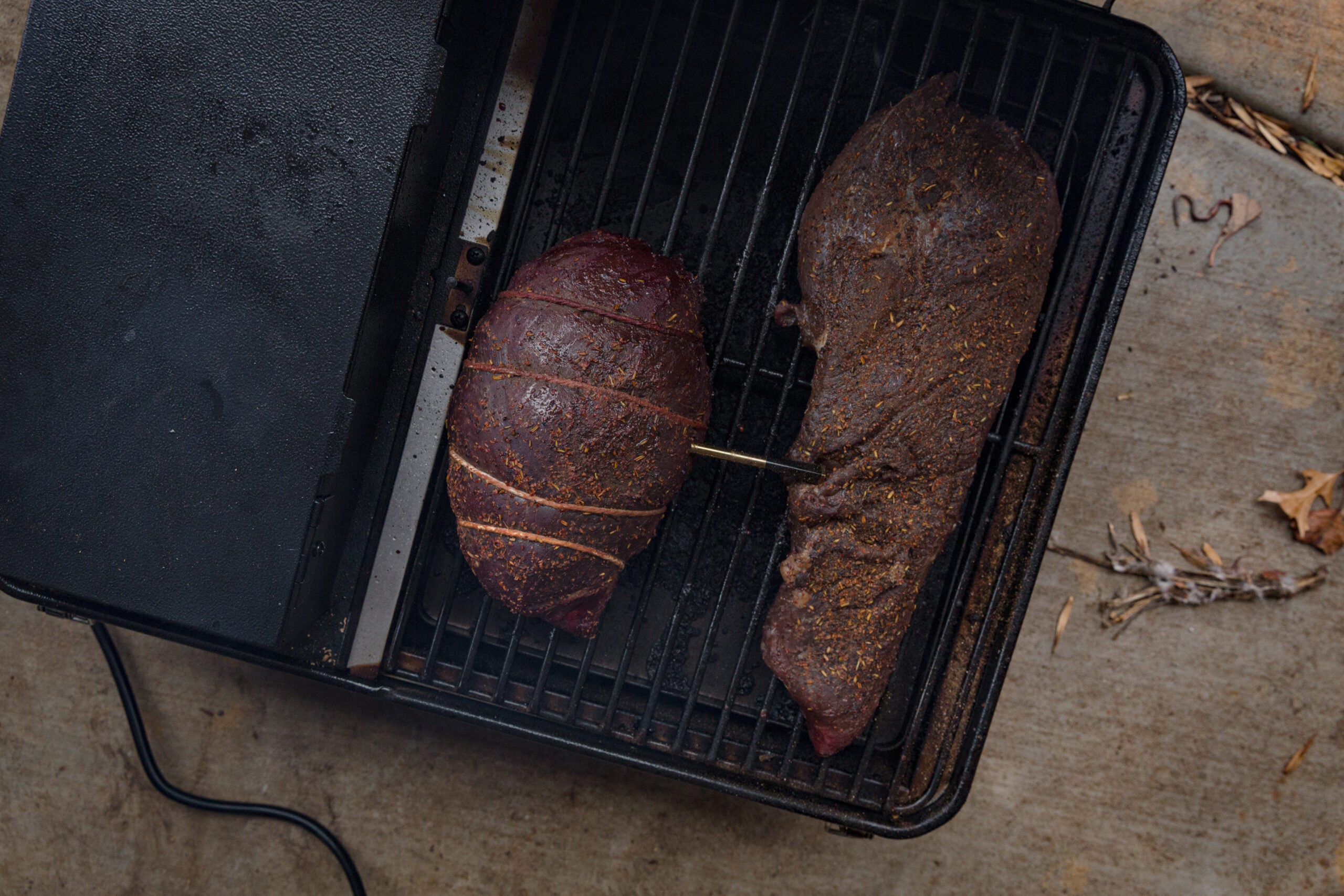 A sirloin on the smoker—a perfect meal for deer camp.