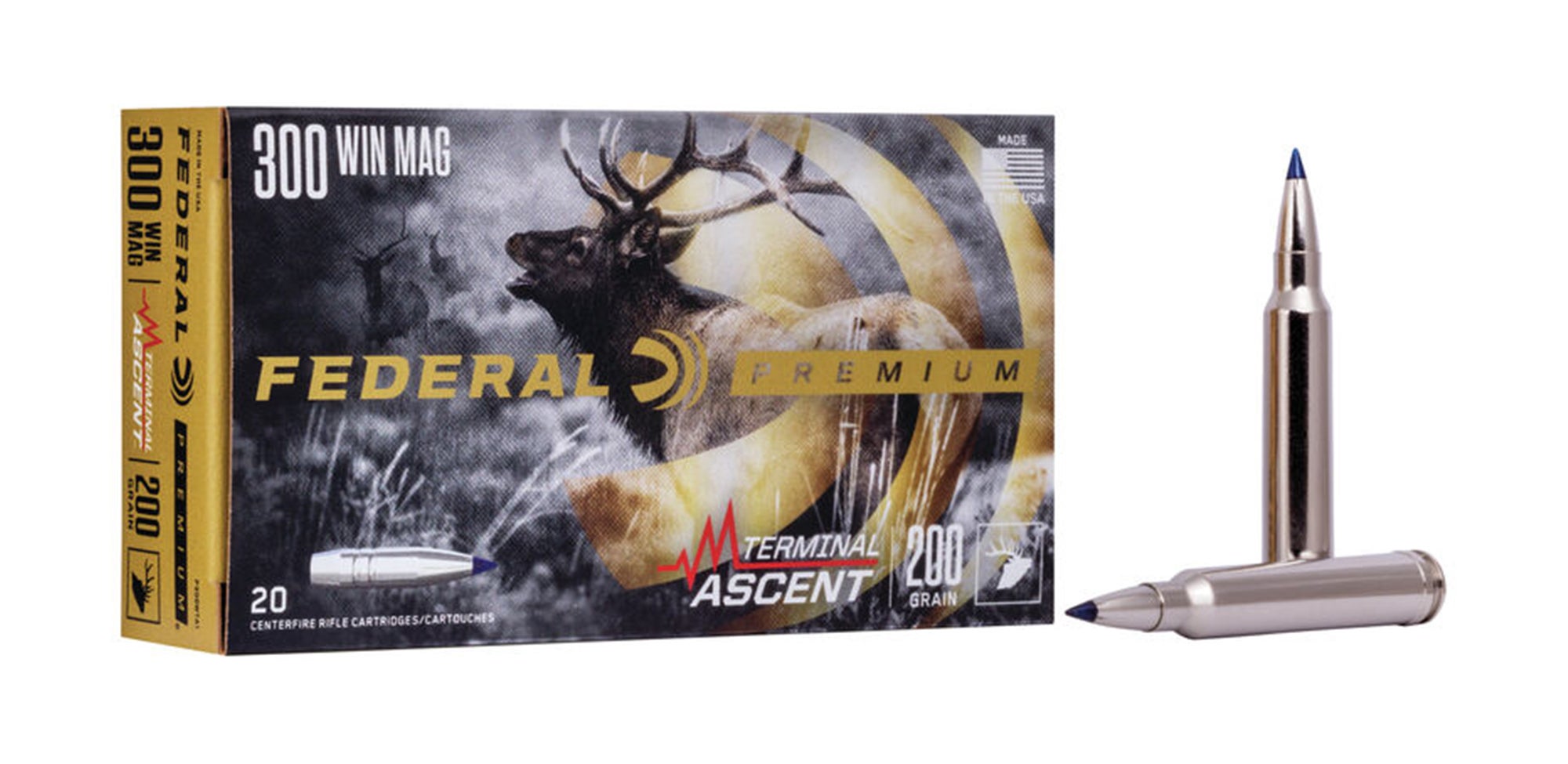 Box of Federal 300 Win Mag ammo and two loose rounds on white background