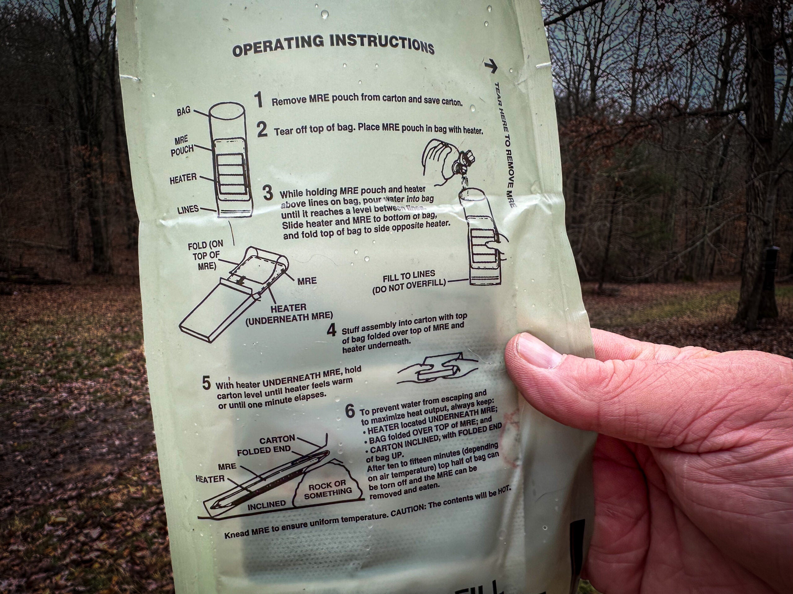 The instructions on the back of an MRE package.