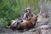 hunter hold up elk with bow