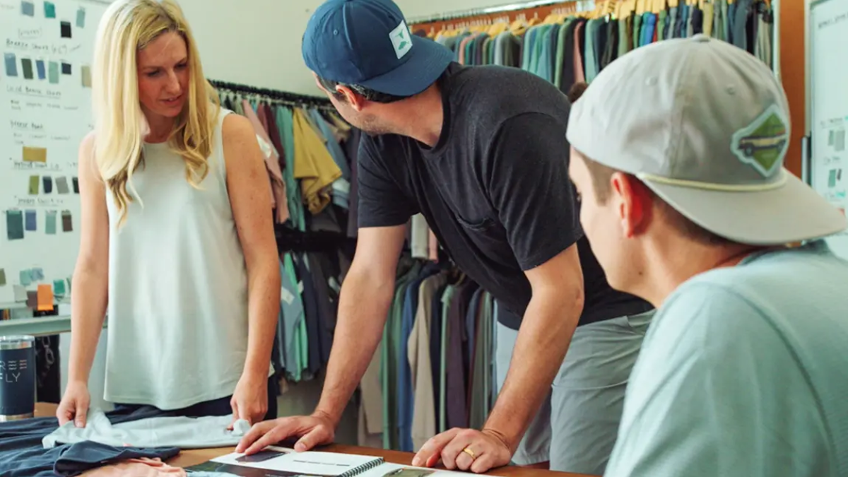 Free Fly Apparel founders researching bamboo fabric samples