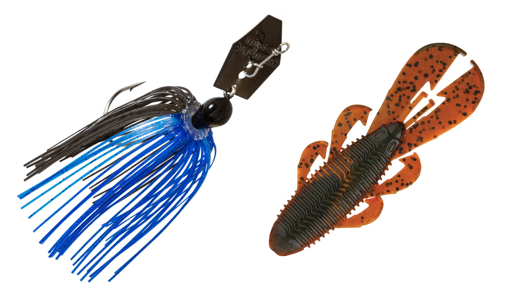 A blue-and-black ChatterBait of left, and brown Bandito Bug bass bait or right against white background