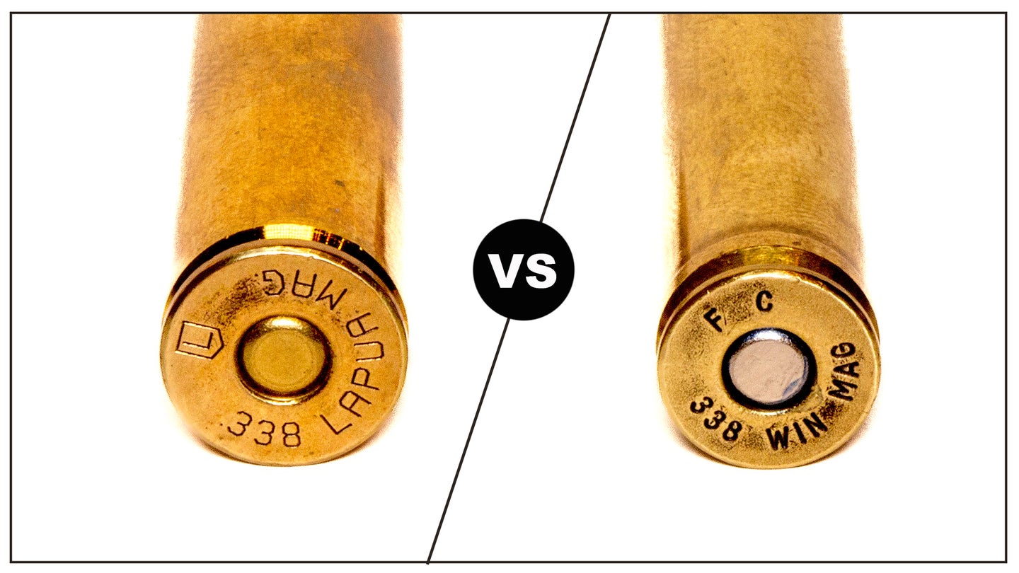 338 Lapua cartridge on left and 338 Win Mag on right, with vs symbol between them