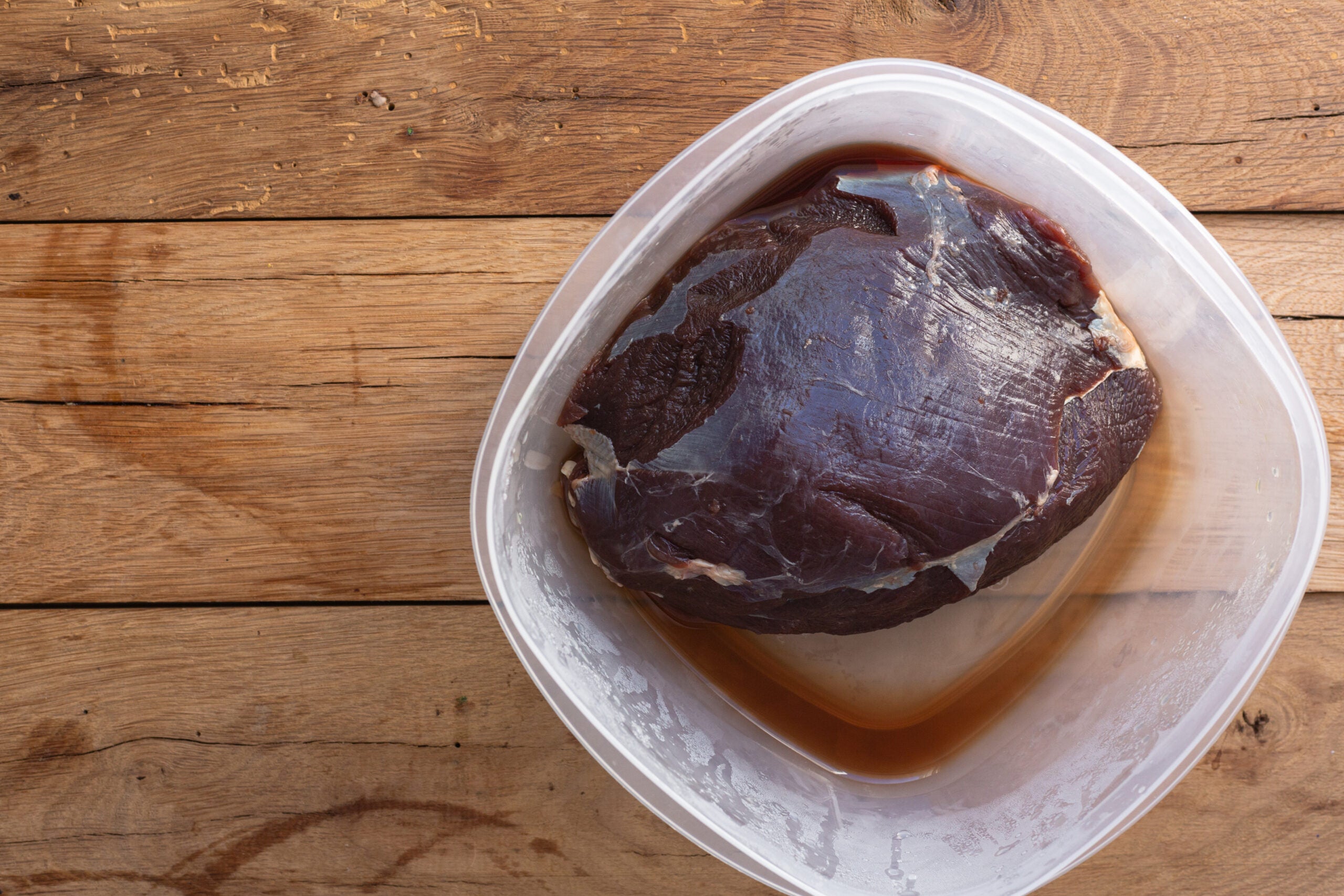 A venison roast sits in a plastic tub to cure.