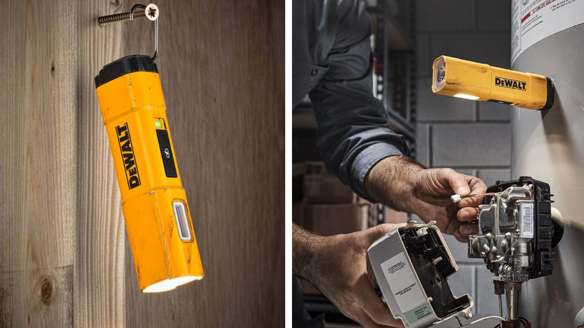 Man using DeWalt rechargeable LED jobsite flashlight to work