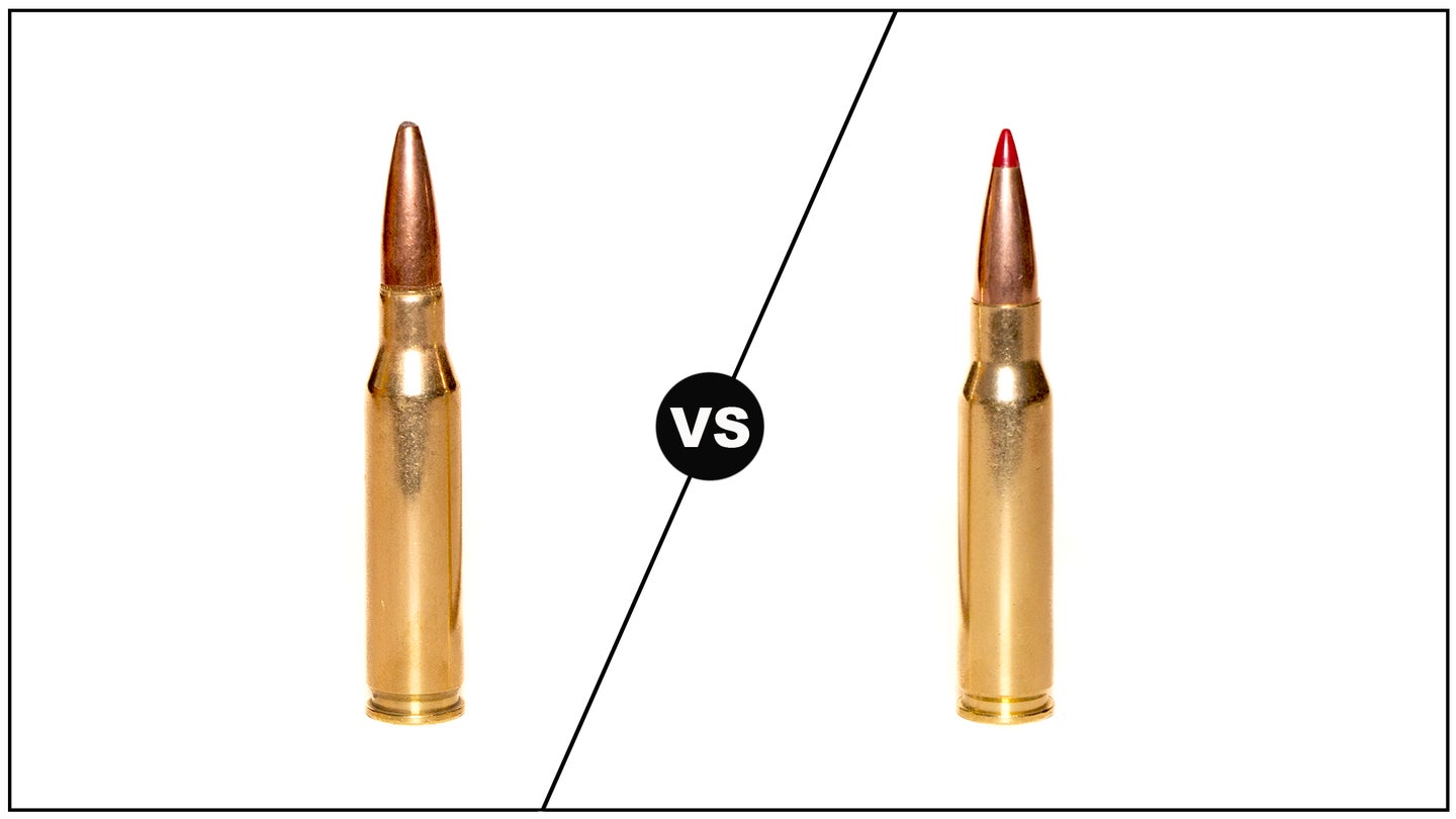 A 7mm 08 cartridge on left and a 308 cartridge on right with versus sign between them