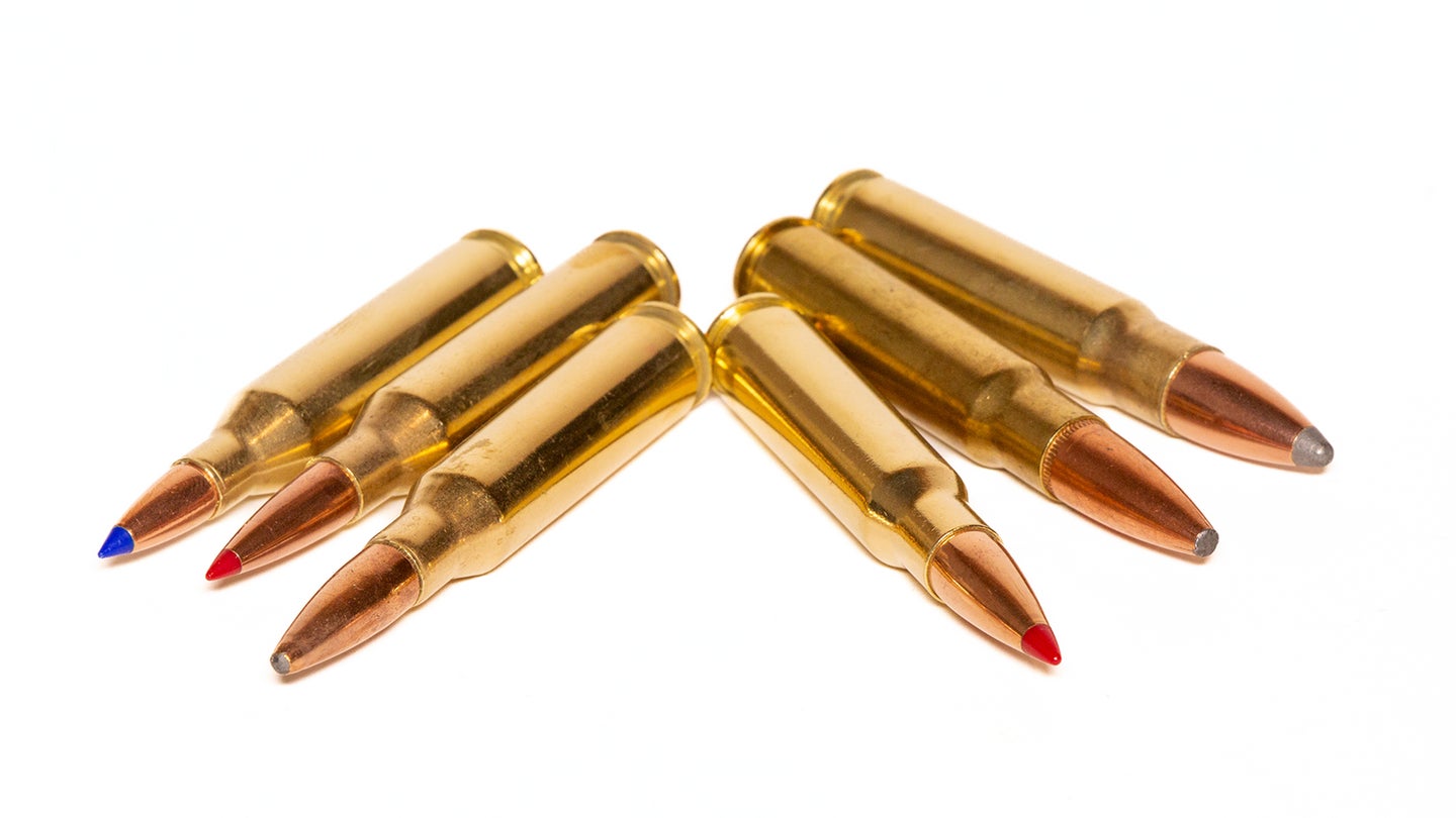 Six rifle cartridges in the 308 Winchester family on a white background