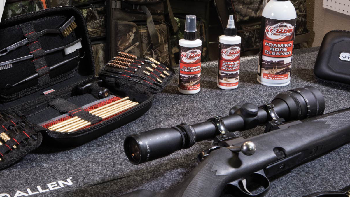 Contents of Allen Company Universal Gun Cleaning Kit laid out on table
