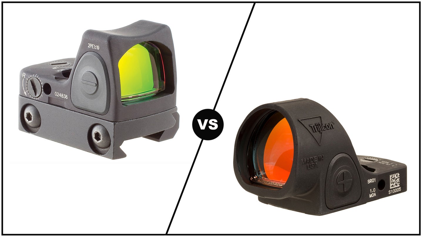Trijicon RMR red dot sight on left; Trijicon SRO red dot sight on right with versus symbol in middle