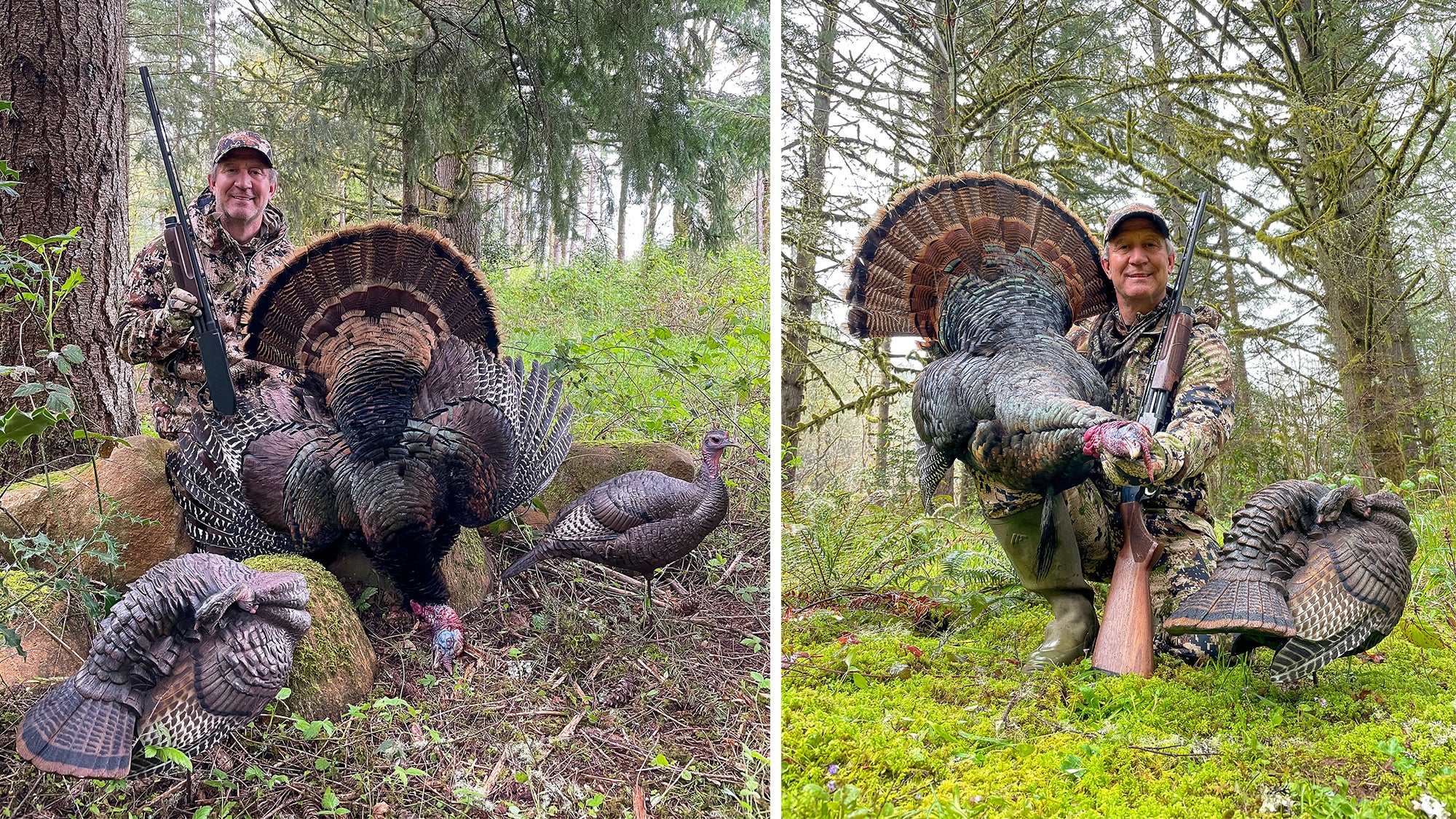 Expert turkey hunter Scott Haugen poses in the woods with two large tom turkeys. 