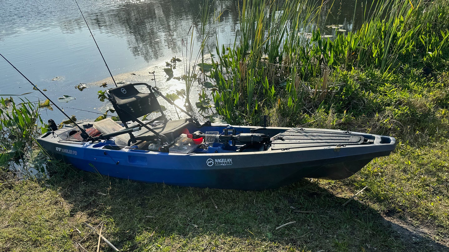 The author's fully-rigged Magellan Pro Pedal Drive kayak.