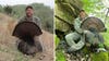 Two photos of expert turkey hunter Tom Weddle posing with a wild tom turkey.