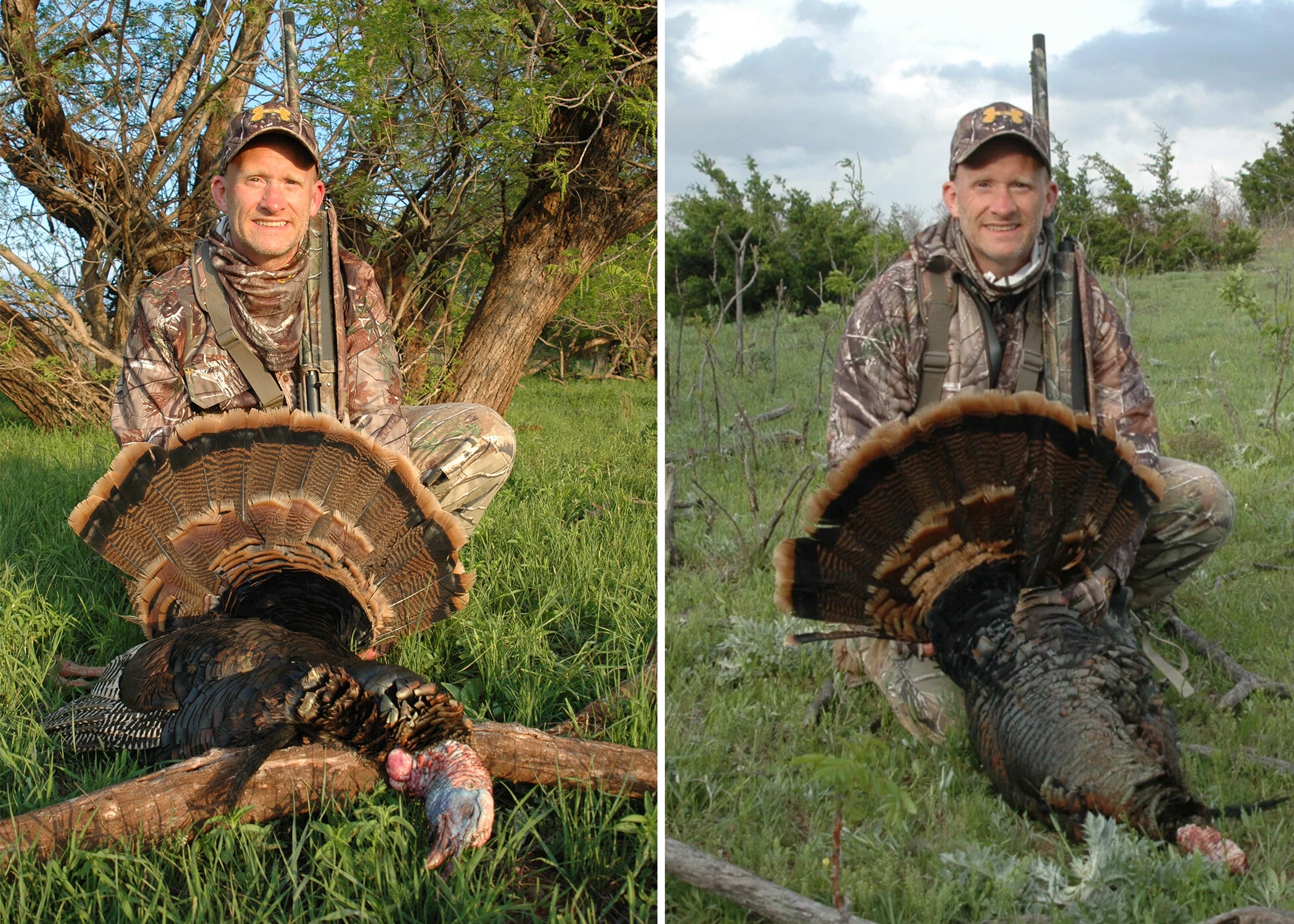 Photo collage of turkey hunting expert Brian Lovett with a pair of harvested tom turkeys