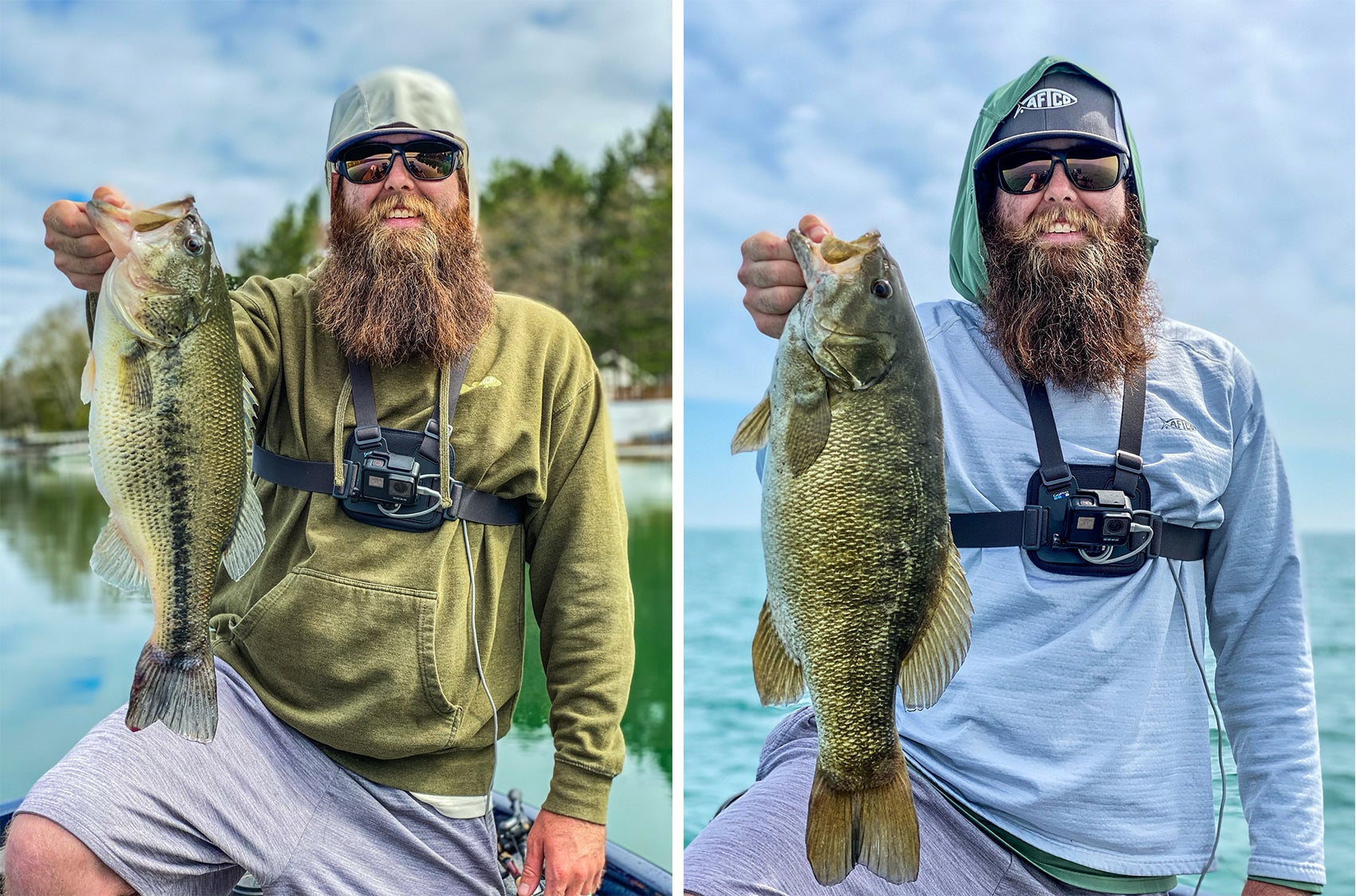 Youtube angler Alex Rudd holding up a caught largemouth on left, and a smallmouth on right. 
