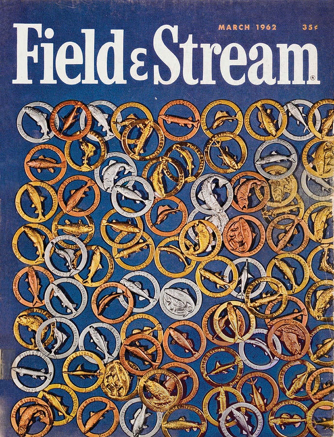 An assortment of Field & Stream honor badges on the cover of Field & Stream magazine