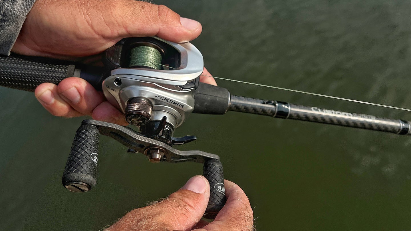The author testing out the Lew's HyperMag reel.