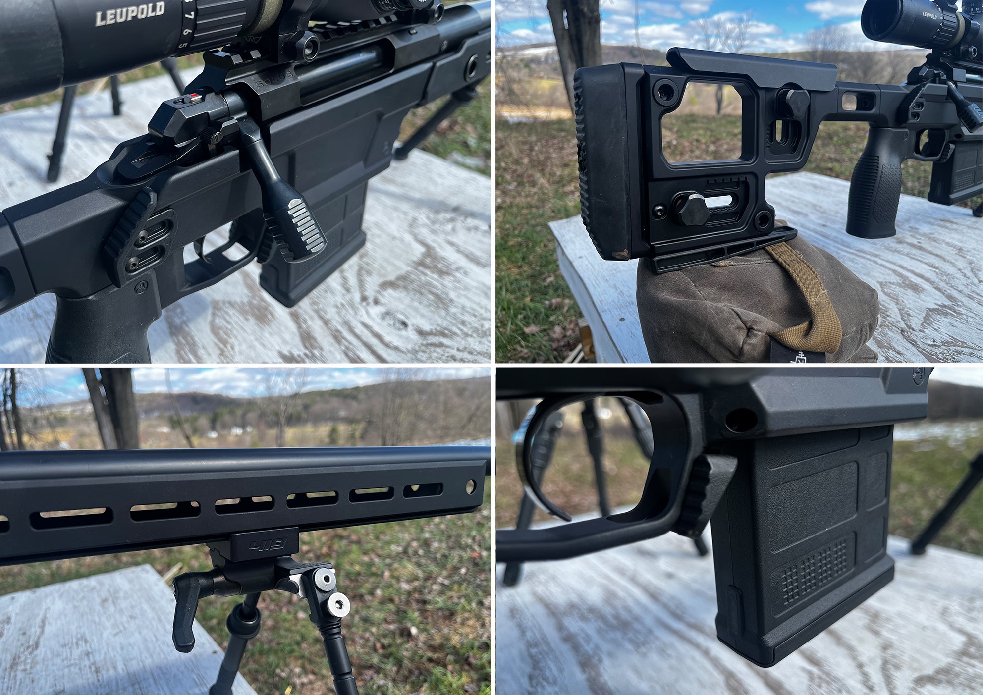 Closeups of the Aero Precision Solus Competition rifle's bolt, stock, forend, and triggger.