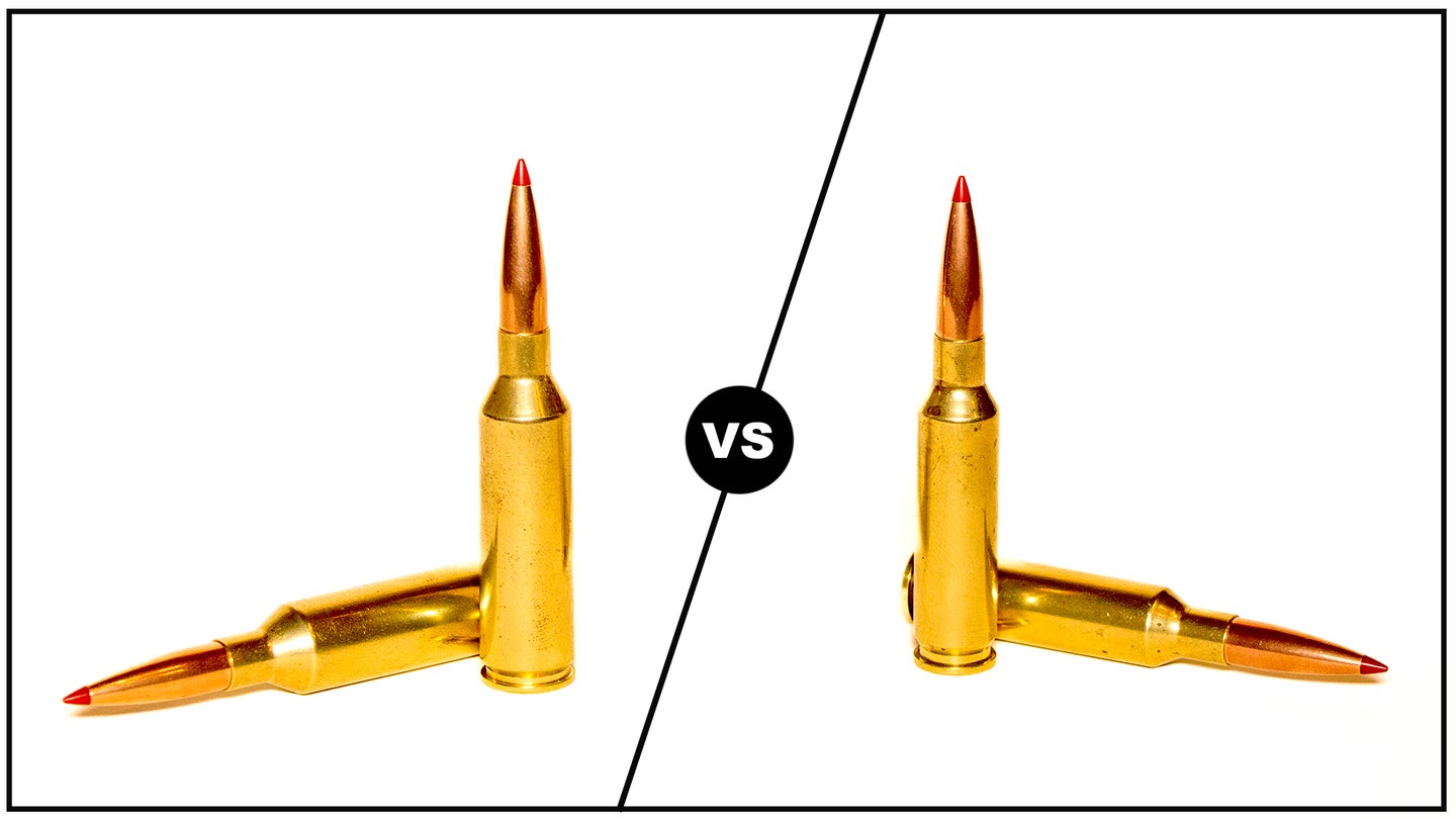 Two 6.5 PRC cartridges on the left and two 6.5 Creedmoor cartridges on the right with versus symbol between