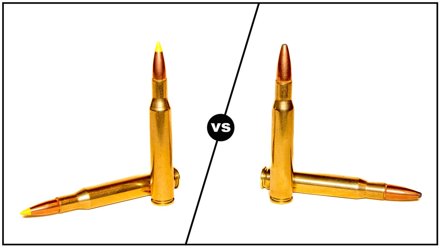 Two 270 cartridges on left and two 30-06 cartridges on right with versus symbol in between