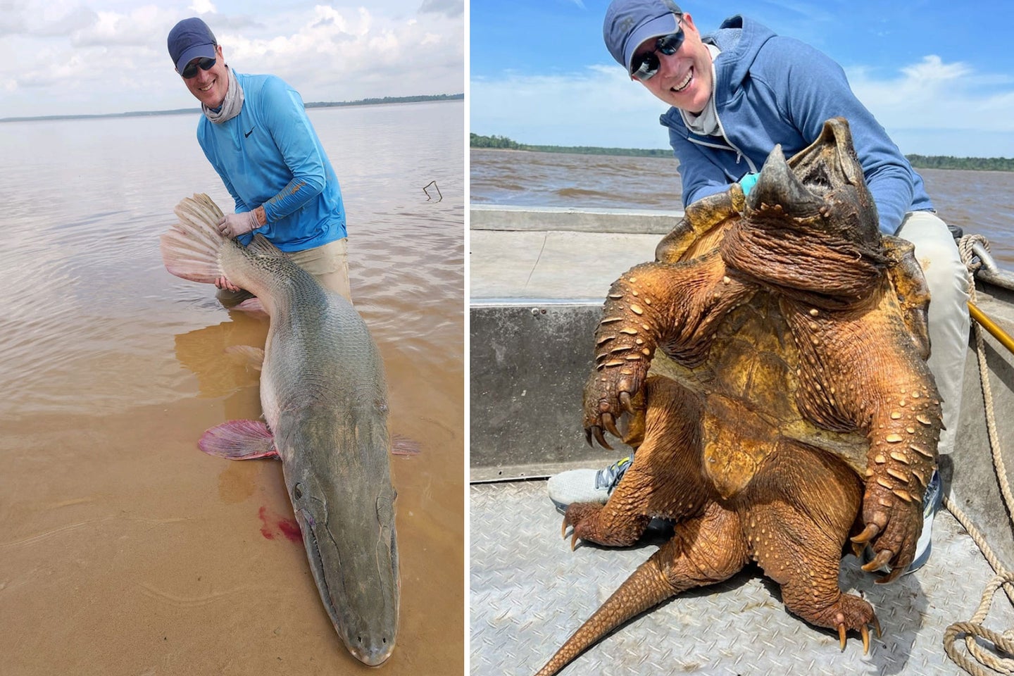 Record-chasing angler poses with alligator gar and alligator snapping turtle.