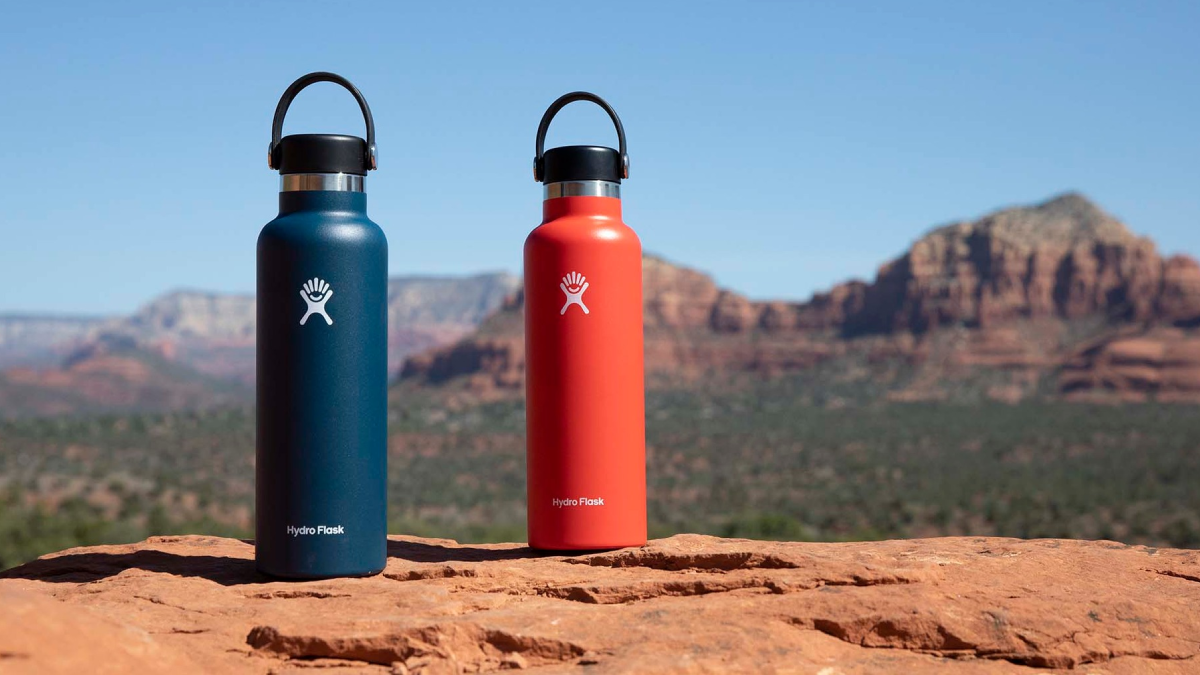 Hydro Flask Water Bottles sitting on canyon rock