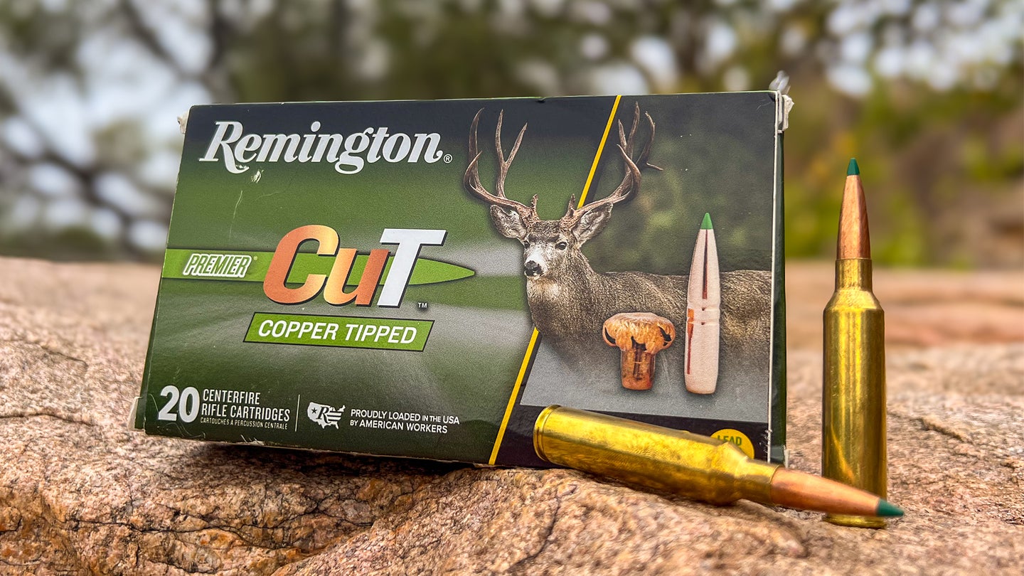 A box of Remington's new CuT Copper Tipped ammo resting on a rock.